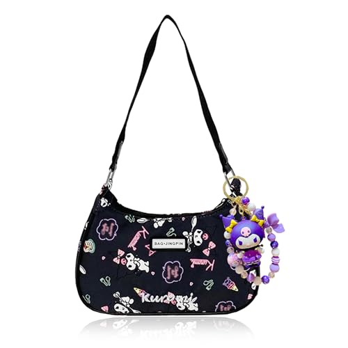 Roffatide Anime Kuromi Nette Umhängetaschen für Frauen Freunde PU Tote Handtasche mit Reißverschluss Verschluss Mini Clutch Schulter Geldbörse Unterarm Geldbörse (mit Anhänger)