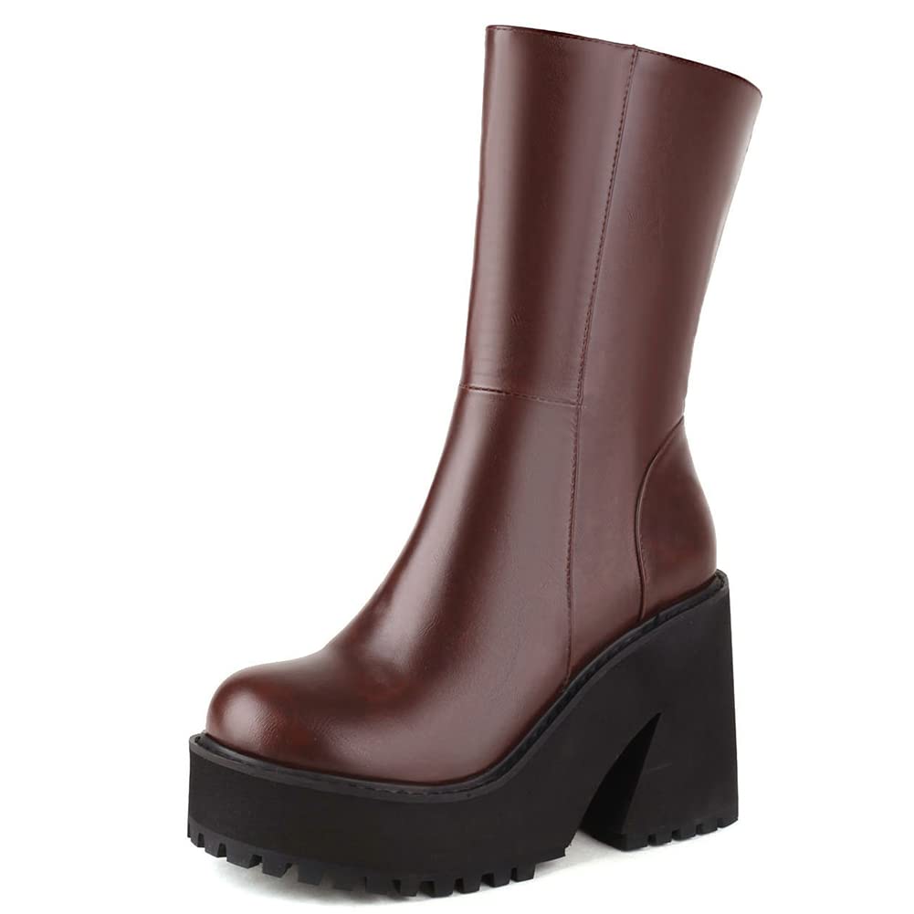 femflameWomen's Platform Boots Chunky High Heel Lace-up Mid Calf Boots Round Toe Black Punk Goth Shoes Autumn Winter Combat Boots