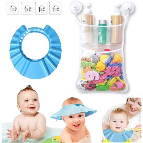 LOLIFEVE Toddler Bath Toys Storage Organiser Holder Set - 1 Mesh Organizer Net Bag Keep Toy Tidy, 2 Suction Cup Hooks, 4 Self Adhesive Hooks, 1 Baby Shower Cap, for Bathroom Bathtub Swimming Pool Cover