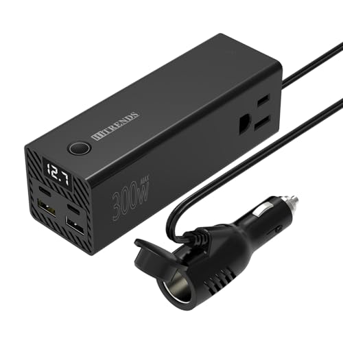 HITRENDS 300W Car Power Inverter, DC 12V to AC 110V with 2 USB Ports, 2 Type-C Ports, and 2 AC Outlets for Car, Home, and Travel Use (Black)