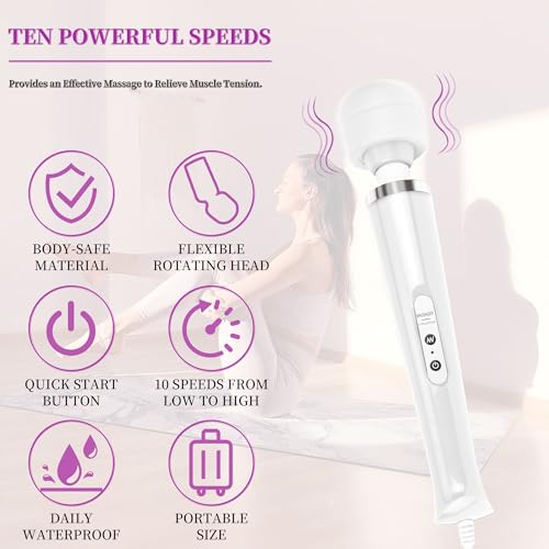 Image of Wired Wand Massager for Women, 10-Speed Electric Handheld Deep Tissue Massager, Powerful Plug-in Full Body Muscle Recovery Tool for Neck, Back, Shoulder & Foot Relief (White)