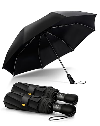 Chakipee Travel Compact Umbrella Windproof - Portable Automatic Umbrellas for Rain Folding Umbrella for Men and Women Portable 210T Fabric 97cm Span - 8 Ribs Black Umbrella 2P