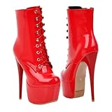 BESTonZON Bottines Courtes à Talons Fins Cuir Verni Rouge pour Femme Boots Élégantes Lacets pour Soirées et Automne-hiver