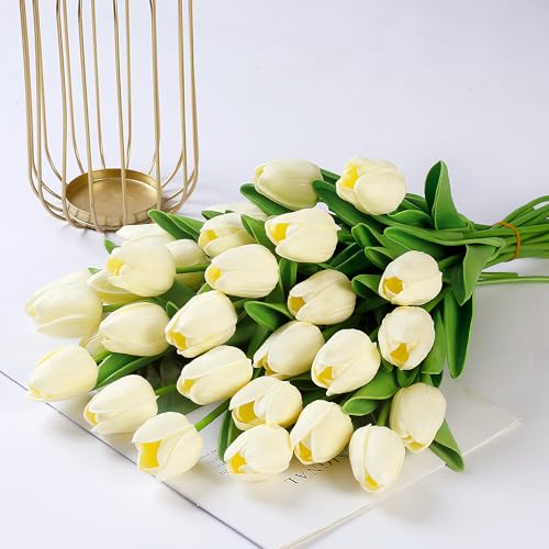 Image of Sggvecsy 30 Pcs Fake Tulips Artificial Flowers Real Touch PU Faux Flowers Tulip Stems for Wedding Spring Bouquet Floral Arrangement Home Party Office Decorations for Mother's Day (Milk White)