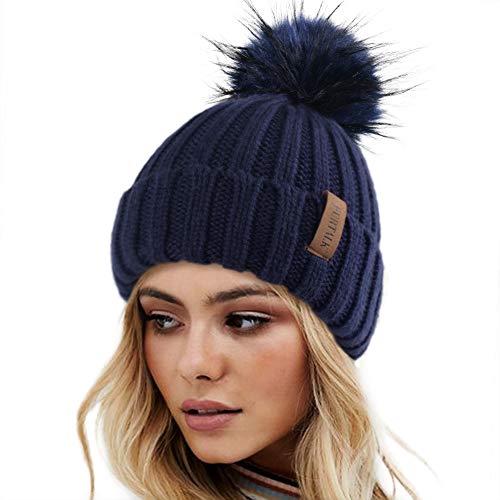 FURTALK Womens Winter Knitted Beanie Hat with Faux Fur Pom Poms Warm Knit Skull Cap for Women Navy with Navy Pom