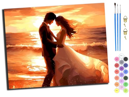 WANGXIAO Dipingere con i numeri, per adulti e bambini, kit regalo fai da te, 40,6 x 50,8 cm, dipinto a mano, decorazione per la casa, tramonto sul mare, coppia innamorata, senza cornice