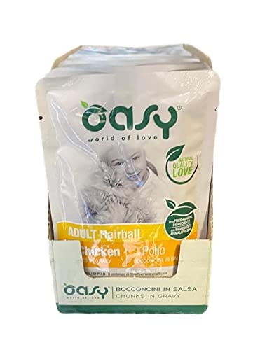 Oasy - Bocaditos en salsa para gatos adultos predispuestos a la formación de bolas de pelo sabor Pollo. Paquete de 12 bolsitas (1 bolsita = 85 gr.) Formulado sin gluten