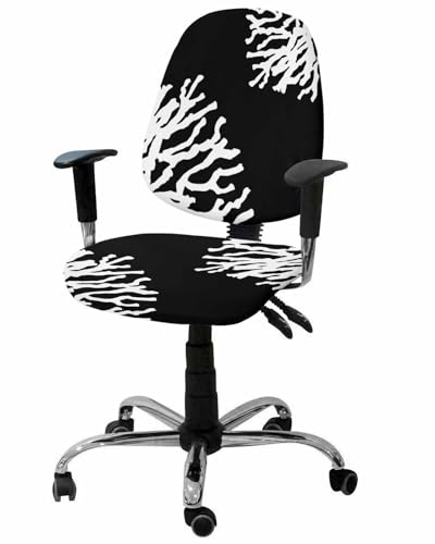 Black Coastal Coral 2 Pieces Computer Office Chair Covers Set,Stretchable Desk Rotating Chair Seat Cushion Slipcover Back Covers,Modern Minimalist Marine Life Slipcover Back Cover,Protectors Cover
