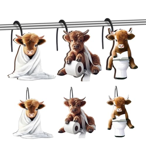 Sawysine 12 Pcs Highland Cow Shower Curtain Hooks Set Wood Decorative Highland Cow Bathroom Decor Rustic Farmhouse Western Cute Shower Curtain Hangers for Bathroom Bedroom Living Room