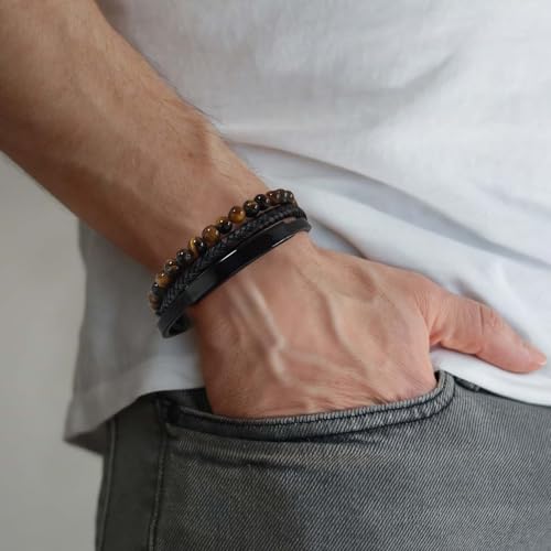 Tiger Eye Leather Bracelet Beaded Bracelet for Men Leather Bracelet - Many Layer Black Leather Bracelets Wristband with Adjustable Spiritual Jewelry, Trendy Design Gift for Men