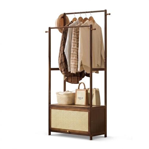 VAVVIP Heavy Duty Bamboo Clothes Rail with Rattan Storage Cabinet Freestanding Garment Rack with 2-Tier Shoe Cupboard Top Shelf & Side Hooks Scandi Style Open Wardrobe for Bedroom