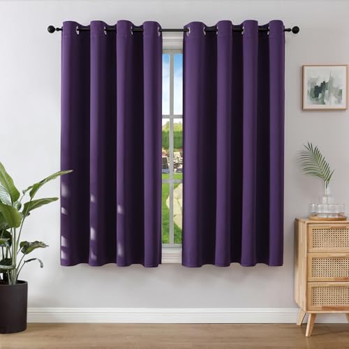 Image of Joydeco Blackout Curtains for Bedroom 46 x 54 Inch, Eyelet Thermal Insulated Energy-saving Drapes for Room Darkening Light Filtering, Short Window Treatments 54 Inch Drop, 2 Panels - Dark Purple