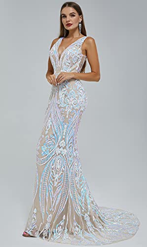 Women's V-Neck Sequins Sleeveless Lace-up Mermaid Evening Dress4