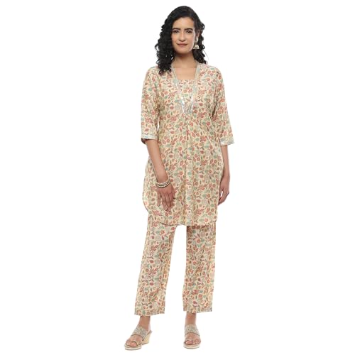 Image of Rangriti Ecru Viscose Blend Floral Printed Straight Co-ord Set For Women
