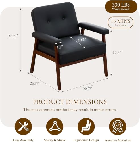 Image of Upholstered Accent Chairs Set of 2, Black Leather Chair | Wood Frame, Reading Arm Chair, Mid-Century Modern, Comfy, Living Room, Waiting Room