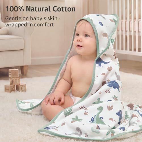 Image of Hooded Baby Towels for Newborn,100% Cotton Baby Bath Towels with Hood for Infant Toddler Boy Girl, 2 Pack 32x32 Inch Soft & Absorbent Knit Terry Bath Essentials Green Dinosaur