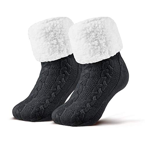 Piarini 1 Paar Kuschelsocken mit ABS Sohle - warme Damen Socken - Wintersocken mit Anti Rutsch Noppen - dicke Haussocken schwarz
