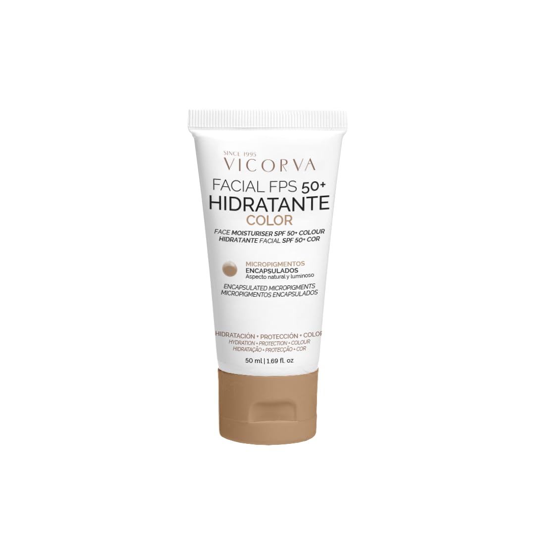 VICORVA - Hidratante y Protector Facial FPS50+ - Protección Solar Diaria de Rayos UVA/UVB - Vitamina E y Polímero Hidrolizado de Proteína de Trigo - Producto Vegano - 50ml (CON COLOR)