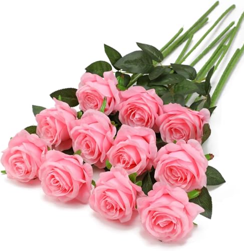 Image of Dekorly Artificial Fake Roses Flowers - 10 Pcs Fake Artificial Roses Silk Flowers with Stems for Home Room Tabletop Wedding Hotel Office Centerpiece Decor | Height 18 Inch (Pink)