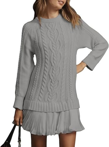 Women Crewneck Cable Knit Sweater Mini Dress, Cable Knit Sweater Dress Women, Patchwork Dress, with Skirt and Round Neck4