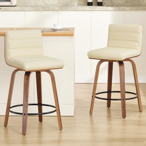 Image of Swivel Bar Stools Set of 2,26 inch Faux Leather Counter Height Barstools with Back,Mid Century Modern Upholstered Bar Chairs with Bentwood Legs Island Stools for Kitchen Counter Beige