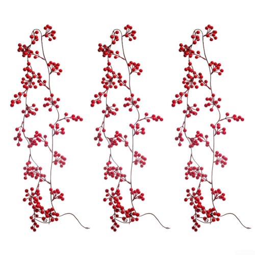 Entgoinggo Künstlicher Beerenkranz, 3-teiliges Set, 190 cm lang, rot, festliche Girlande, Winter, Innen- und Außenbereich, Heimdekoration