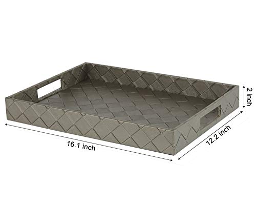 Faux Leather Rectangular Elegant Food Serving Tray with Handles for Ottoman Restaurant Home, Silver Grey, 16.2 x 12.2 x 2 inches