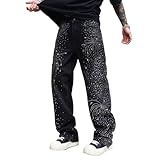 Mens Sparkly Rhinestone Jeans Vintage Loose Straight Leg Denim Pants(Black,34)