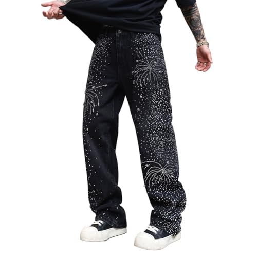 Mens Sparkly Rhinestone Jeans Vintage Loose Straight Leg Denim Pants