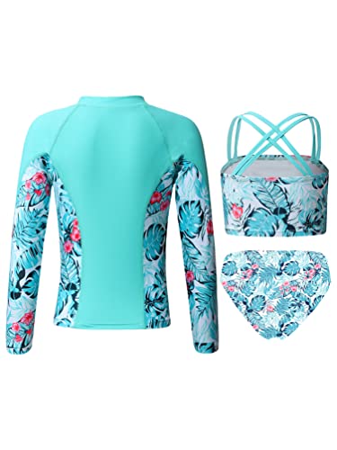Linjinx Kids Girls 3 Piece Long Sleeve Rash Guard Sets Floral Bikini with UPF 50+ Zip Rushguard Shirt Swimwear Bathing Suit2