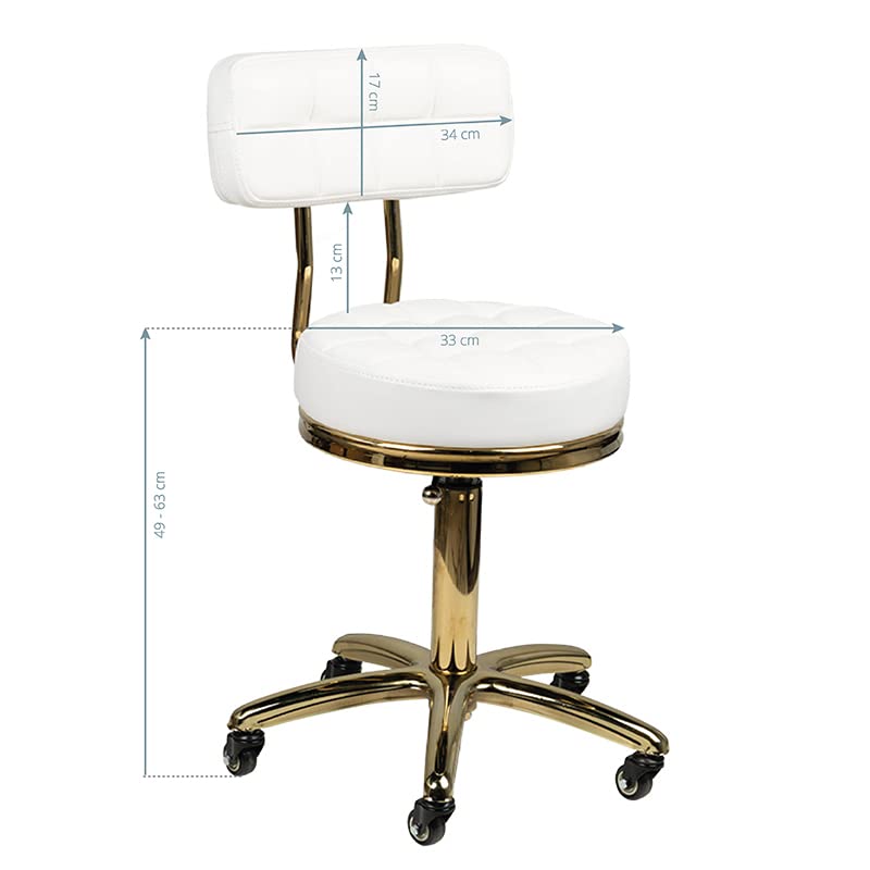 ACTIVESHOP Taburete cosmético con ruedas, altura regulable y respaldo blanco dorado AM-961