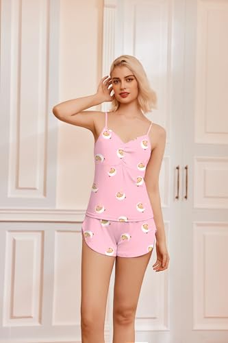 Image of Ekouaer Pj Sets for Woman Cute V Neck Sleepwear Cami Short Set Soft Loungewear with Split Shorts 2025 Teddy Bear Pink L
