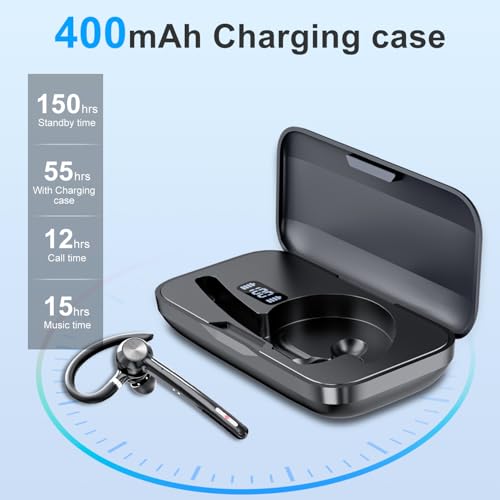 Bluetooth Headset, Wireless Bluetooth Earpiece With 400mAh Charging Case,150 Hours Talktime Hands Free Noise Canceling Headphones for iOS Android Cell Phone, Built-in Mic for Trucker, Office. - Image 3