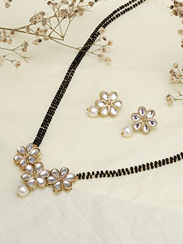 Karatcart Gold Plated Handcrafted White Pearl Floral Kundan Mangalsutra with Earrings For Women - Image 3
