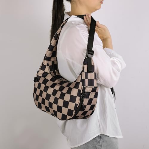Lushandy Checkered Cescent Bag, Nylon Crescent Shoulder Bag Small Checkered Tote Purse Luna Bag Lightweight Hobo Handbag3