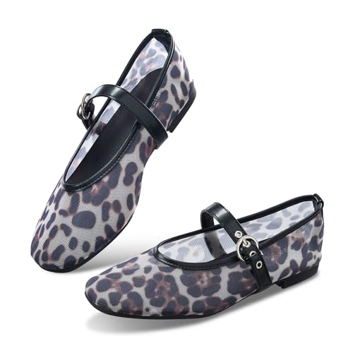 Image of Leopard Flats for Women Mesh Ballet Flats Mary Jane Animal Print Shoes Slip On Casual Breathable Ballerina Flats