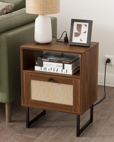 Image of Masupu Rattan Nightstand with Charging Station, Modern Boho Farmhouse Wood Bedside Table with Storage Drawer and Open Shelf, Side End Table for Bedroom, Office (Walnut)