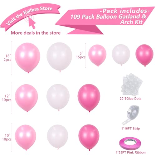 Pink Balloon Garland Arch Kit, Kelfara 109Pcs Hot Pink Latex Pastel Pink Balloon, 18 12 10 5 Inch Latex Balloons for Wedding Birthday Princess Theme Bridal Baby Shower Bridal Shower Party Decorations