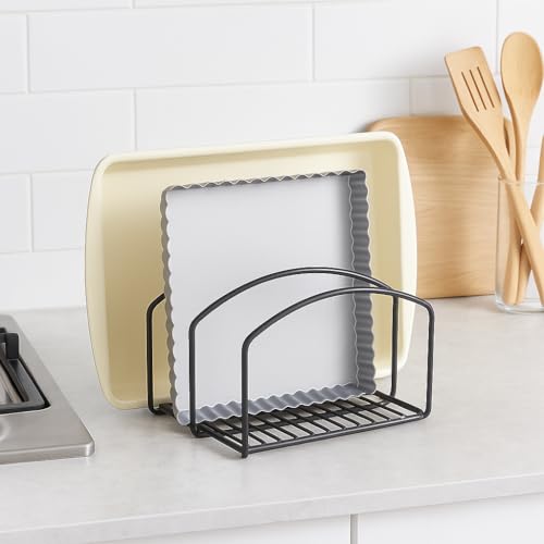 Image of Iron Pan & Pot Lid Organizer Rack - Black 3-Slot Cookware Holder for Cabinets & Pantry, Chopping Board Stand & Space-Saving Kitchen Organizer (9.5 x 8 x 7.25 in)