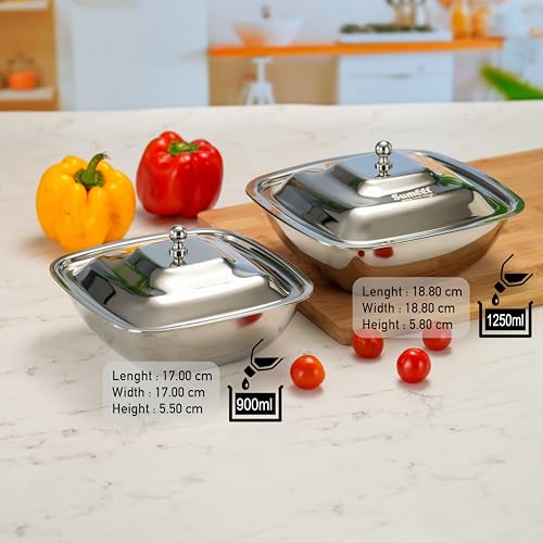 Image of Sumeet Stainless Steel Square Serving Bowl /Curry Bowl /Gravy Pot with lid, 900ml & 1250ml capacity, 17cm & 18.8cm Dia, Set of 2 Pcs, Silver