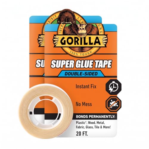 GORILLA Super Glue Tape, Multi-Purpose, Permanent, Double Sided, High Tack, 5/8in x 20ft, Clear (Pack of 2)