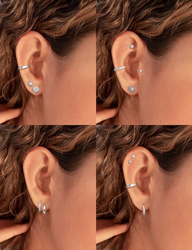 Kakonia 8 Pairs 925 Sterling Silver Hypoallergenic Earrings Set for Multiple Piercing Dainty 14K Gold Plated Stud Huggie Small Hoop Earrings for Women Trendy Cute Earring Stacks for Sensitive Ears3