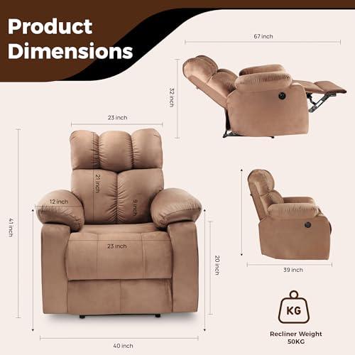 Image of Little NAP Helios Soft Suede Fabric Single Motorized Standard Recliner | Padded 1 Seater Aaram Sofa | Relaxing Chair for Home Office Living Bed Room | Brown