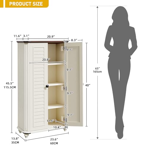 DWVO 4-Tier Storage Cabinet, 45.2" Farmhouse Kitchen Pantry Cabinet wth 2 Shutters-Doors & Adjustable Shelves, Wooden Tool Cabinet for Dining Room, Bathroom, Living Room, Laundry Room, Office, White