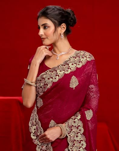 Image of SIRIL Women's Shimmer Chiffon Sequence Embroidery Saree With Unstitched Blouse Piece for Wedding and Parties