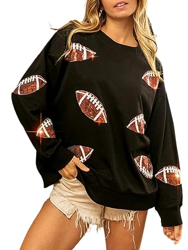 Womens Sparkle Football Sequin Rugby Sweatshirt Game Day Y2K Crewneck Oversized Shirt Long Sleeve Fleece Pullover