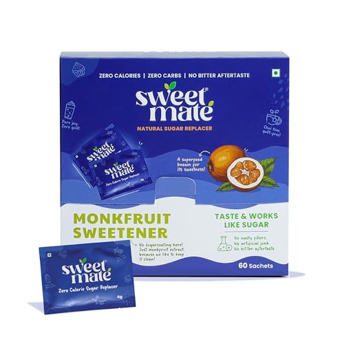 Image of Sweetmate Monkfruit Sweetener - 60 Sachets (240g) | Natural Zero Calorie Sugar Substitute | Low Carb 1:1 Sugar Replacer | Keto Diabetic Friendly Monk Fruit Extract Sweetener | Cooking Baking Tea Coffee