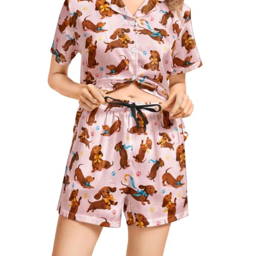 Image of Funny Satin Pajamas Set for Women Button Down Sleepwear Print Pjs Set 2 Piece Short Sleeve Loungewear Gift for Women