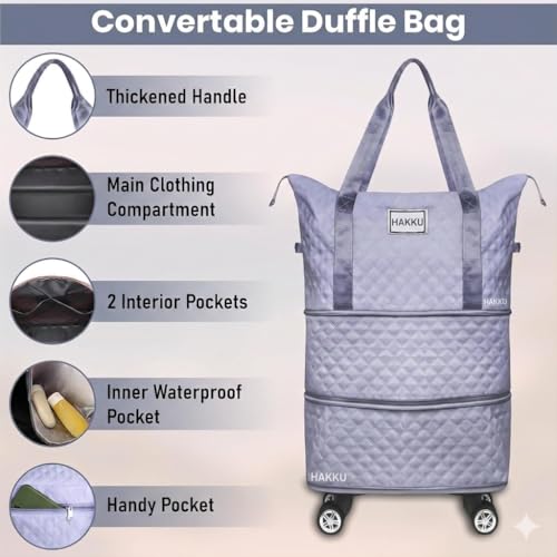 Image of HAKKU 2 Layer Nylon Duffle Trolley Bag for Traveling /Extendable Luggage with 4 Wheels /Waterproof Travel Bag /Convertible Luggages for Men and Women /Travelling Bags (Texture with Wheel, Purple)
