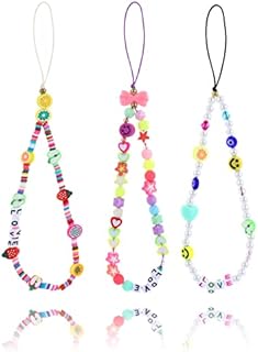 Sibba 3Pcs Smiley Face Evil Eye Beaded Phone Charm String Colourful Beads Lanyard Wrist Strap Anti-Lost Polymer Clay Phone Chain Fruit Star Letter Pearl Mobile Phone Charms Bracelet Key Chain